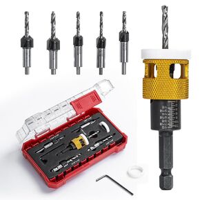 5 Pcs Countersink Drill Bit Set with Low Friction Depth Stop, HSS M2 Bits Tapered Head1/8 9/64" 5/32" Drill+3/8" 82° Counter-Bore,11/64" 3/16" Drill+ 1/2" 82° Counter Bore,1/4" Hex Shank(Blue)