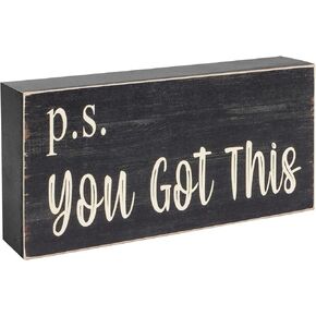 Esur Motivational Home Office Desk Black Decor - Farmhouse Wooden Box Sign Gift for Women - P.S. You Got This