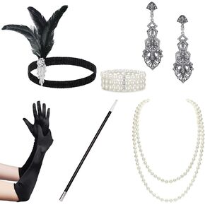 BABEYOND 1920s Flapper Accessories Gatsby Costume Accessories Set 20s Flapper Headband Pearl Necklace Gloves Plastic Holder