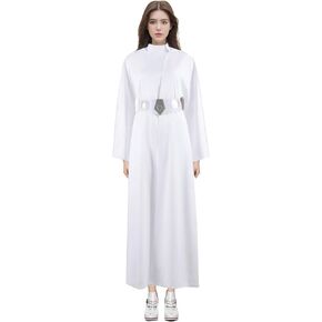 Women Princess Leia Costume White Hooded Long Dress Robe with Belt Halloween Leia Cosplay Party Outfit