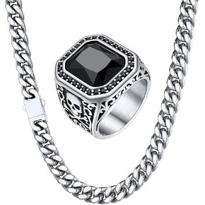 ChainsHouse Cuban Link Chain 9MM 22" Onyx Rings Size 10 for Men