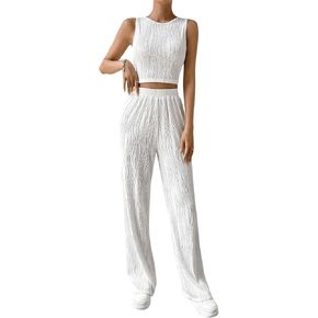 SweatyRocks Women's 2 Piece Outfits Casual Round Neck Texture Crop Tank Top with Elastic Waist Wide Leg Pants