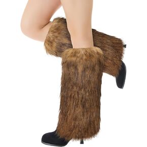 XEPST Faux Fur Fuzzy Leg Warmers Furry Boot Covers for Women, Women's Fur Leg Warmers Warm Fuzzy Boot Cuff Boot Sleeves for Party Costumes, Tie Dye Style, Coffe + Black