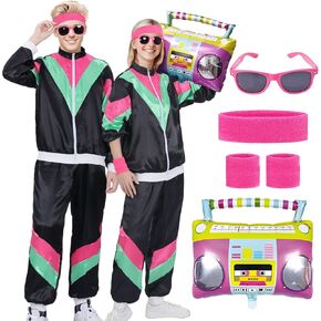 80s Tracksuit Costume Men Women, 90s Retro Hip-Hop Costume Jacket Shell Windbreaker Sportswear Party Dress Sweatbands