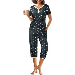 Ekouaer Womens Pajama Sets Short Sleeve Sleepwear Top and Capri Pants 2 Piece Loungewear With Pockets S-XXL