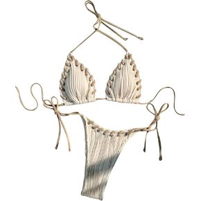 GORGLITTER Women's Textured Bathing Suit Self Tie Halter Triangle String Bikini Set High Cut Swimsuit