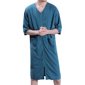 Men's Summer House Coat V Neck Soft Zipper Robe Comfy Knee Length Lounge Sleeping
