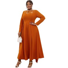 AOMEI Women's Brown Stand Collar Cut Out Patchwork Beads Long Sleeve A-Line Dress