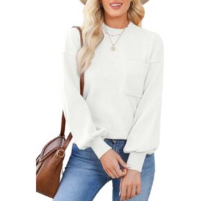 EVALESS Sweaters for Women Oversized Long Puff Sleeve Crewneck Tunic Pullover Sweater