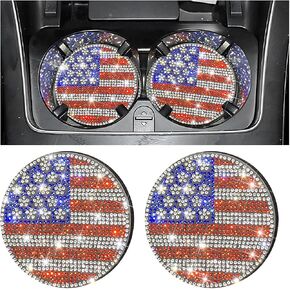 2PCS Bling Car Cup Holder Coasters, American Flag Crystal Rhinestone Vehicle Embedded in Bottle Mat Ornaments, Non-Slip Auto Interior Decor Protector, Universal for SUV, Truck, RV