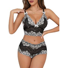 Lilosy Sexy Women Lace Pajamas Lingerie Set High Waist Sheer Sleepwear Bow Ties Cami Shorts Bra and Panty