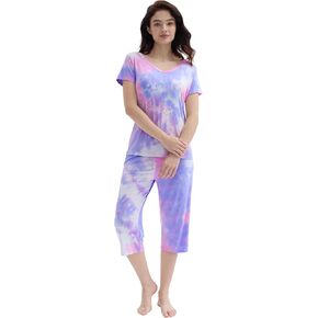 Joyaria Womens Pajama Sets Short Sleeve and Capri Pants Soft Bamboo Viscose 2 Pieces Sleepwear Lounge Set