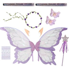Snycler Fairy Wings for Adults and Girls, Fairy Costume Set with Floral Garland, Hair Tinsel, Wand & Elf Ears Butterfly Wings