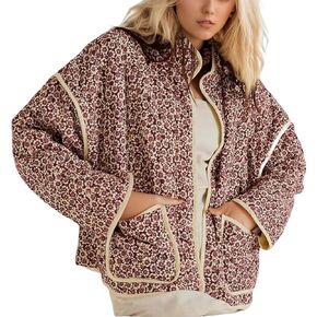 Women's Cropped Floral Puffer Jacket Cardigan Printed Lightweight Open Front Padded Quilted Coats(DarkPink-L)