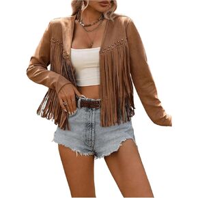 SOLY HUX Women's Faux Suede Fringe Trim Long Sleeve Open Front Cardigan Jacket Western Concert Outfits