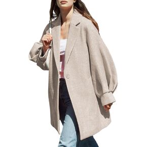 Women's Oversized Winter Wool Coat Casual Notched Lapel Single Breasted Balloon Sleeves Peacoat Jacket