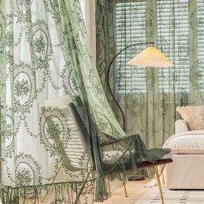 Flower Embroidered Lace Sheer Curtains Rod Pocket Retro Style Ruffled Lace Curtains Light Filtering for Girls Bedroom Vintage Voile Window Drapes 2 Panels Each W52 x L84 Inch Green