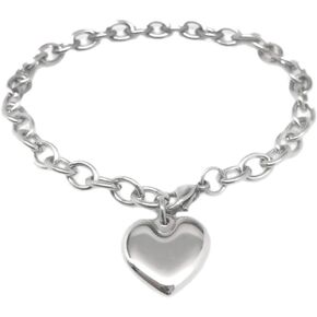 Adjustable Stainless Steel Bracelet with Chunky Chain, Puffy Heart Charm Silver Bracelet for Women, Engraveable Non-Tarnish Stainless Steel Charm Bracelet Available in 7 and 8 inch lengths
