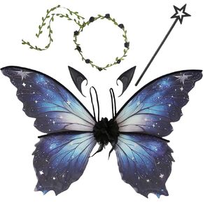 Snycler Fairy Wings for Adults and Girls, Fairy Costume Set with Floral Garland, Hair Tinsel, Wand & Elf Ears Butterfly Wings