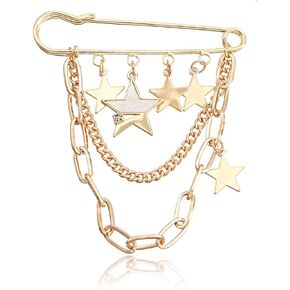 Safety Pins Brooch for Women Gold Star Brooch Pins Cubic Zirconia Safety Pin Charms Chain Tassel Star Pins Gold Star Brooch Pins Festival Jewelry Accessories