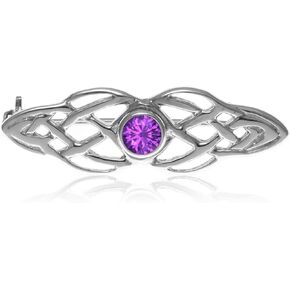 Alexander Castle 925 Sterling Silver Brooch for Women - Celtic Brooch Pin with Purple Cubic Zirconia & Jewelry Gift Box - 34mm x 10mm