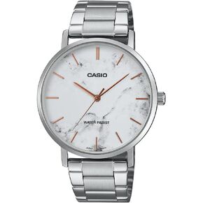 Casio MTP-VT01DM-7A Men's Stainless Steel Minimalistic White Marbled Dial 3-Hand Analog Watch