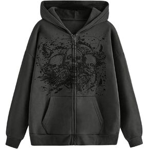 GORGLITTER Women's Zip Up Goth Hoodies Skull Print Long Sleeve Oversized Y2k Sweatshirt with Pocket