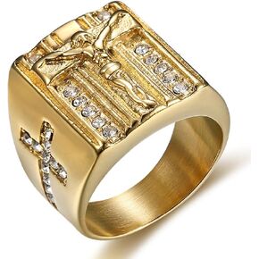 Iced Out Crucifix Cross Ring for Men Gold Stylish Jesus Crucifix Ring, Vintage CZ Christ Jesus Cross Ring Men’s Rock Christian Crucifix Jesus Jewelry Classic Crucifix Cross Ring