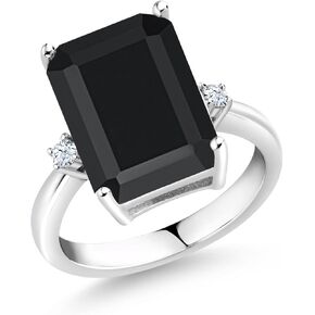Gem Stone King 925 Sterling Silver Black Onyx and White Created Sapphire Ring For Women (6.68 Cttw, Emerald Cut 14x10MM, Gemstone December Birthstone, Available In Size 5, 6, 7, 8, 9)