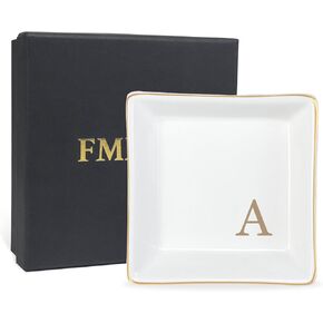 Fmeida Ceramic Jewelry Tray Monogram Decorative Trinket Dish for Rings Earrings Necklaces Bracelet Watch Keys Personalized Birthday Wedding Mother's Day Christmas Gift for Women, 4" x 4" Initial L