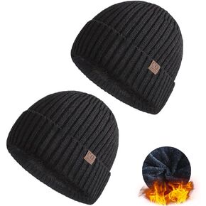 2Pcs Black Beanie - Winter Fleece Lined Hats for Men Women Warm Knit Cuffed Skull Cap
