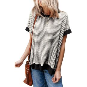 EVALESS Womens Fashion Summer Waffle Knit Tops Trendy Crewneck Short Sleeve Shirts Color Block Striped T Shirts Loose Fit Tee