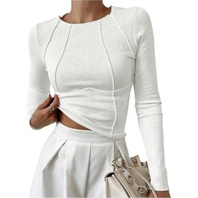 OYOANGLE Women's Round Neck Long Sleeve Ribbed Knit T Shirts Solid Plain Slim Fit Basic Casual Tee Tops