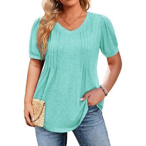 IN'VOLAND Plus Size Tops for Women Summer Puff Short Sleeve Tunic Pleated V Neck Shirts Casual Floral Solid Blouse