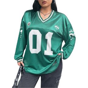 WDIRARA Women's Plus Size Number Graphic Jersey Shirts V Neck Long Sleeve Oversized Football Jersey T-Shirt