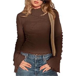 Floerns Women's Plus Size Lettuce Trim Mock Neck Tee Top Flare Long Sleeve T Shirts