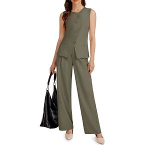 Women's Summer 2 Piece Blazer Outfits Sleeveless Crewneck Vest Wide Leg Pantsuit 2025 Dressy Casual Work Sets