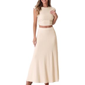 Allegra K Two Piece Skirt Set for Women's Casual Ribbed Knit Cropped Top Elastic Waist A-Line Midi Skirt