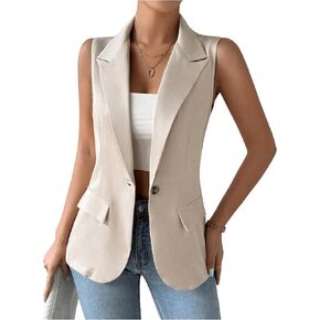 GORGLITTER Women's Plaid Sleeveless Blazer Vest Lapel Neck Open Front Office Work Lightweight Long Vest Tops