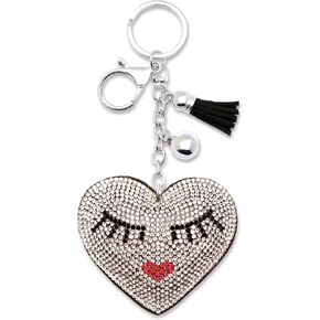 AuPra EyeLashes Heart KeyChain Gift Women Bling Rhinestone Love KeyRing Home Car Bag Clip Key Holder Crystal Tassel Present
