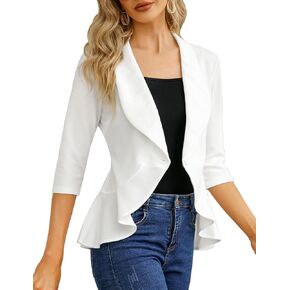 KOJOOIN Womens Casual Blazer 3/4 Sleeve Open Front Ruffle Work Office Cardigan Suit Jacket