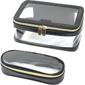 Clear Makeup Bag for Women, Cosmetic Bags Travel Toiletry Bag, Makeup Brush Bag, Leather Makeup Case with Clear Windows & Gold Zippers(White)
