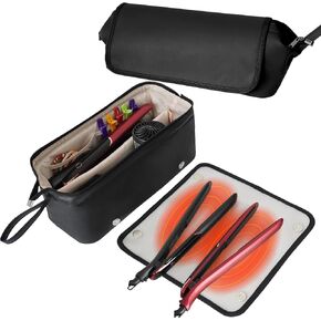 Hot Hair Tools Travel Bag with Heat-resistant Mat, Hair Tools Organizer for Straighteners, Curling Iron, Hair Dryers, Hair Accessories, Waterproof 2 in 1 Hair Styling Curling Iron Travel Case (Black)