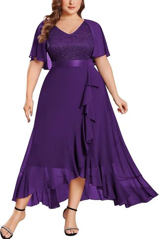 Miusol Women's Plus Size Floral Lace Cape Sleeves V Neck Ruffle Trim Formal Party Maxi Dress in Kuwait