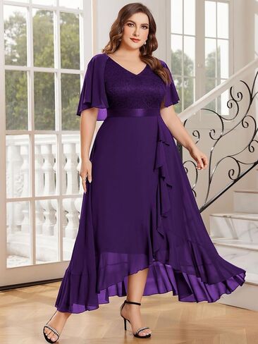 Miusol Women's Plus Size Floral Lace Cape Sleeves V Neck Ruffle Trim Formal Party Maxi Dress in Kuwait