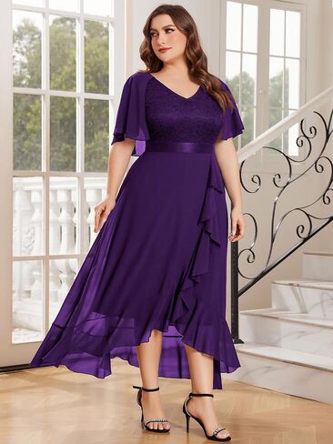 Miusol Women's Plus Size Floral Lace Cape Sleeves V Neck Ruffle Trim Formal Party Maxi Dress in Kuwait