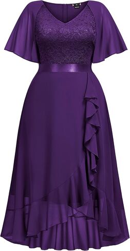 Miusol Women's Plus Size Floral Lace Cape Sleeves V Neck Ruffle Trim Formal Party Maxi Dress in Kuwait