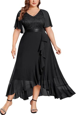 Miusol Women's Plus Size Floral Lace Cape Sleeves V Neck Ruffle Trim Formal Party Maxi Dress in Kuwait