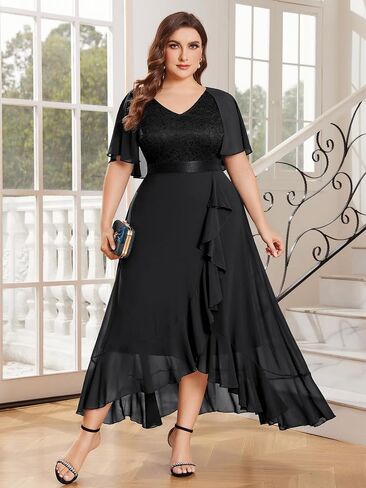 Miusol Women's Plus Size Floral Lace Cape Sleeves V Neck Ruffle Trim Formal Party Maxi Dress in Kuwait
