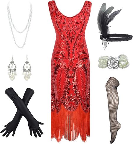 Women's Flapper Dress Sequin Cocktail 1920s Gatsby Dress w/Accessories Set in Kuwait